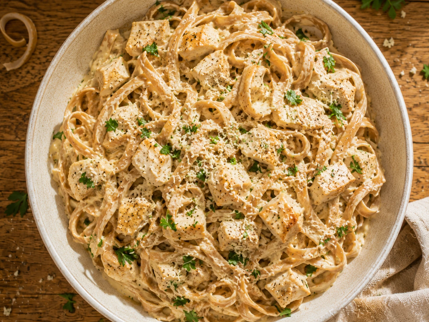 High Protein Chicken Alfredo Pasta aerial view