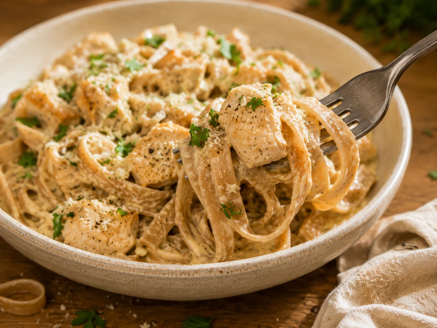 High Protein Chicken Alfredo Pasta close up