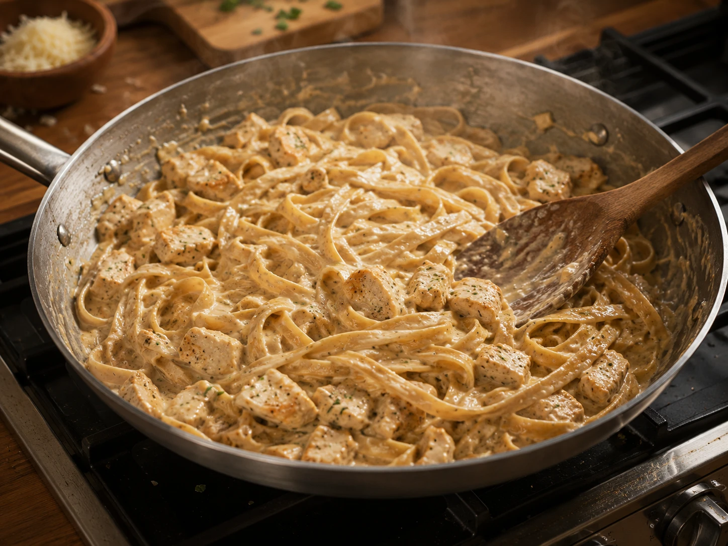 High Protein Chicken Alfredo Pasta preparation