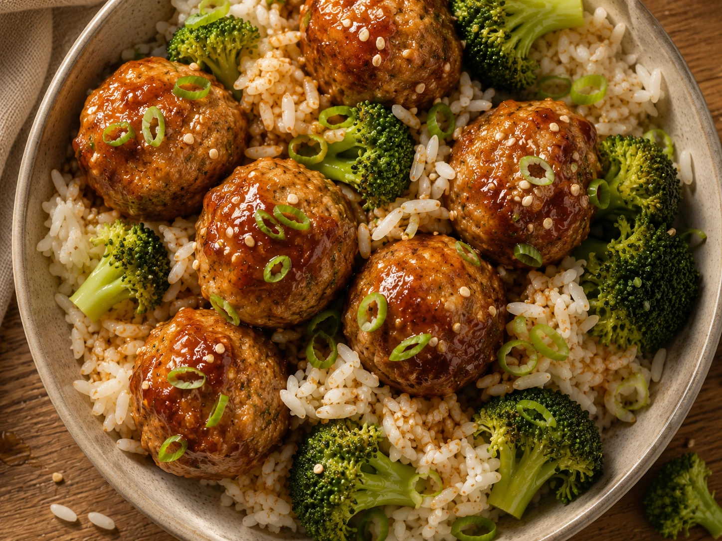 Sticky Honey Garlic Turkey Meatball Dinner Bowls aerial view