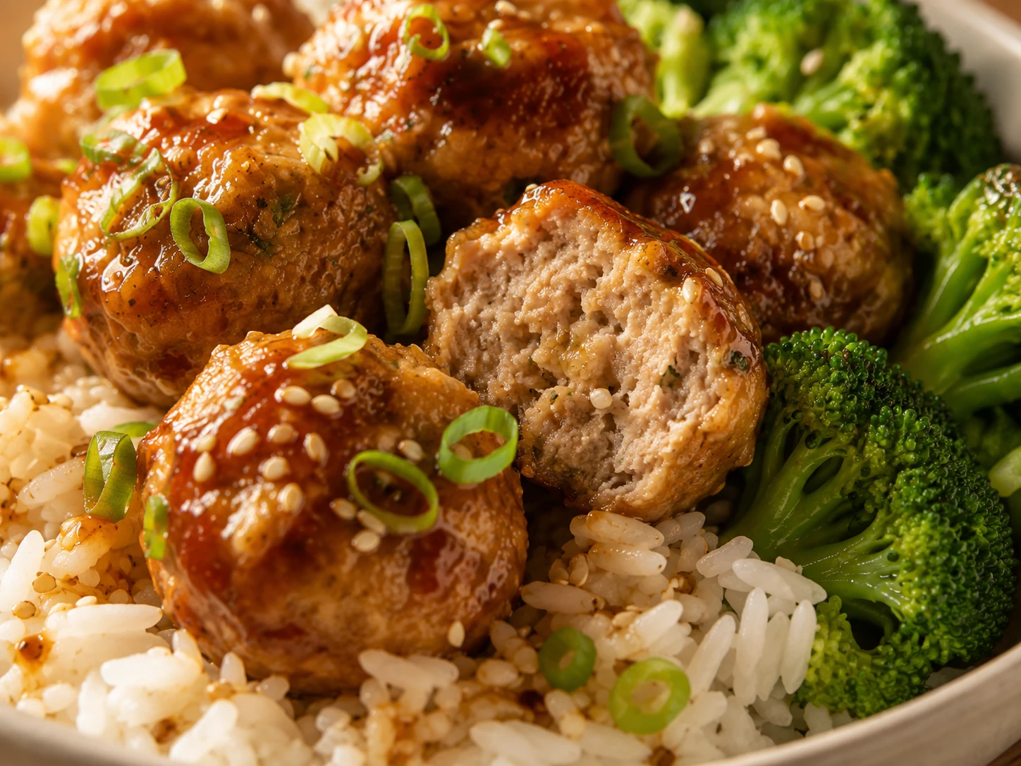 Sticky Honey Garlic Turkey Meatball Dinner Bowls close up