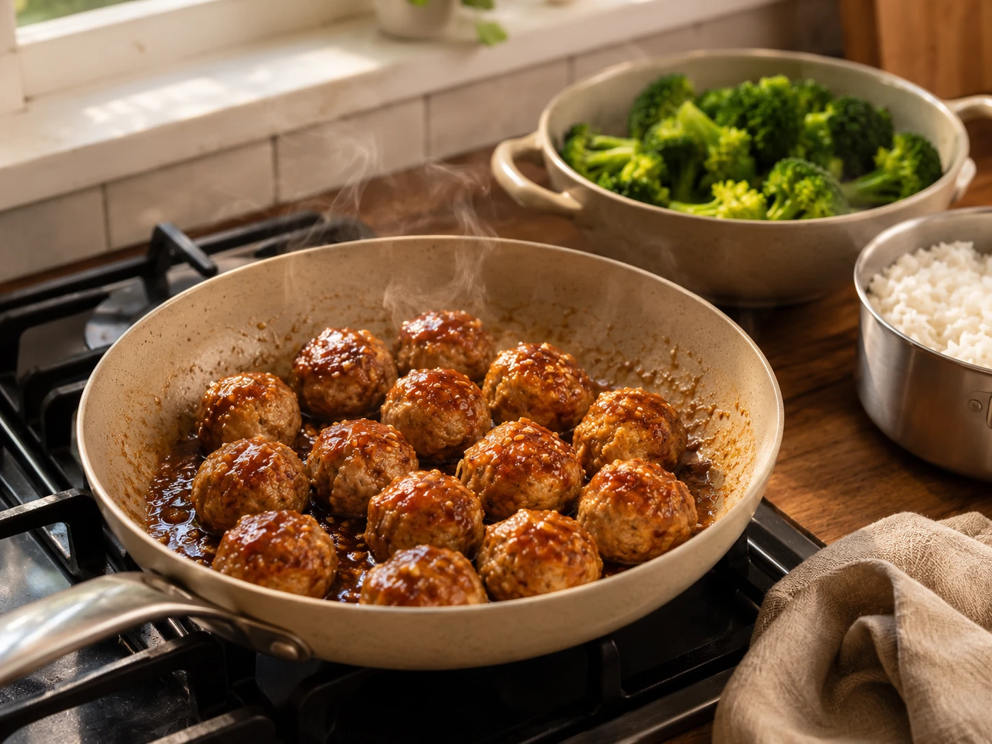 Sticky Honey Garlic Turkey Meatball Dinner Bowls preparation