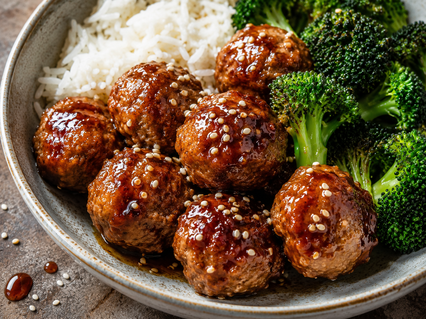 Honey Garlic Turkey Meatball Bowls close up
