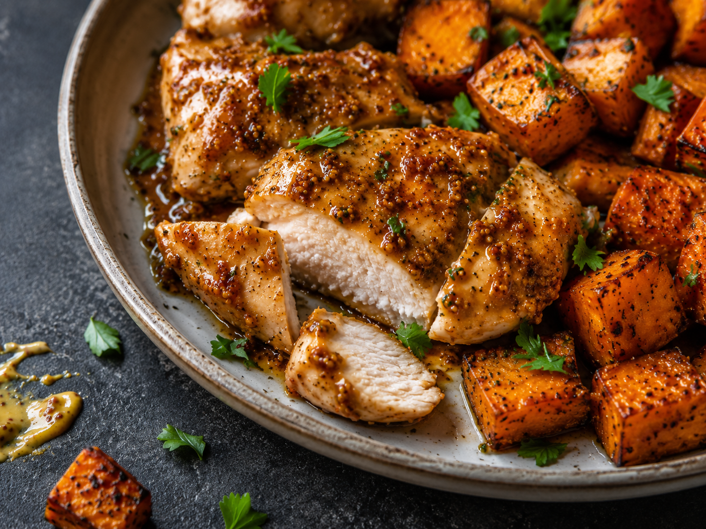 Honey Mustard Chicken with Sweet Potatoes close up