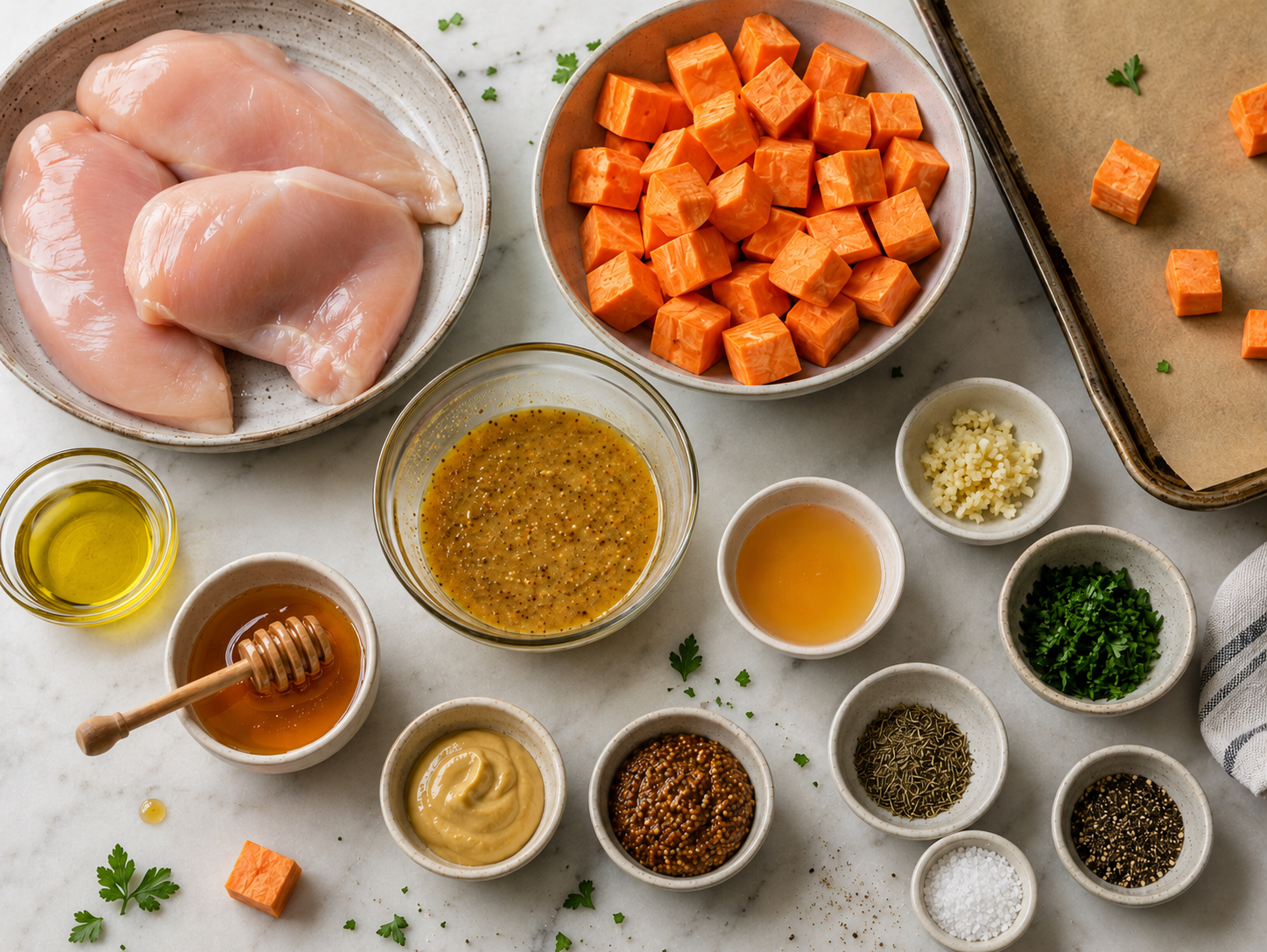 Honey Mustard Chicken with Sweet Potatoes preparation