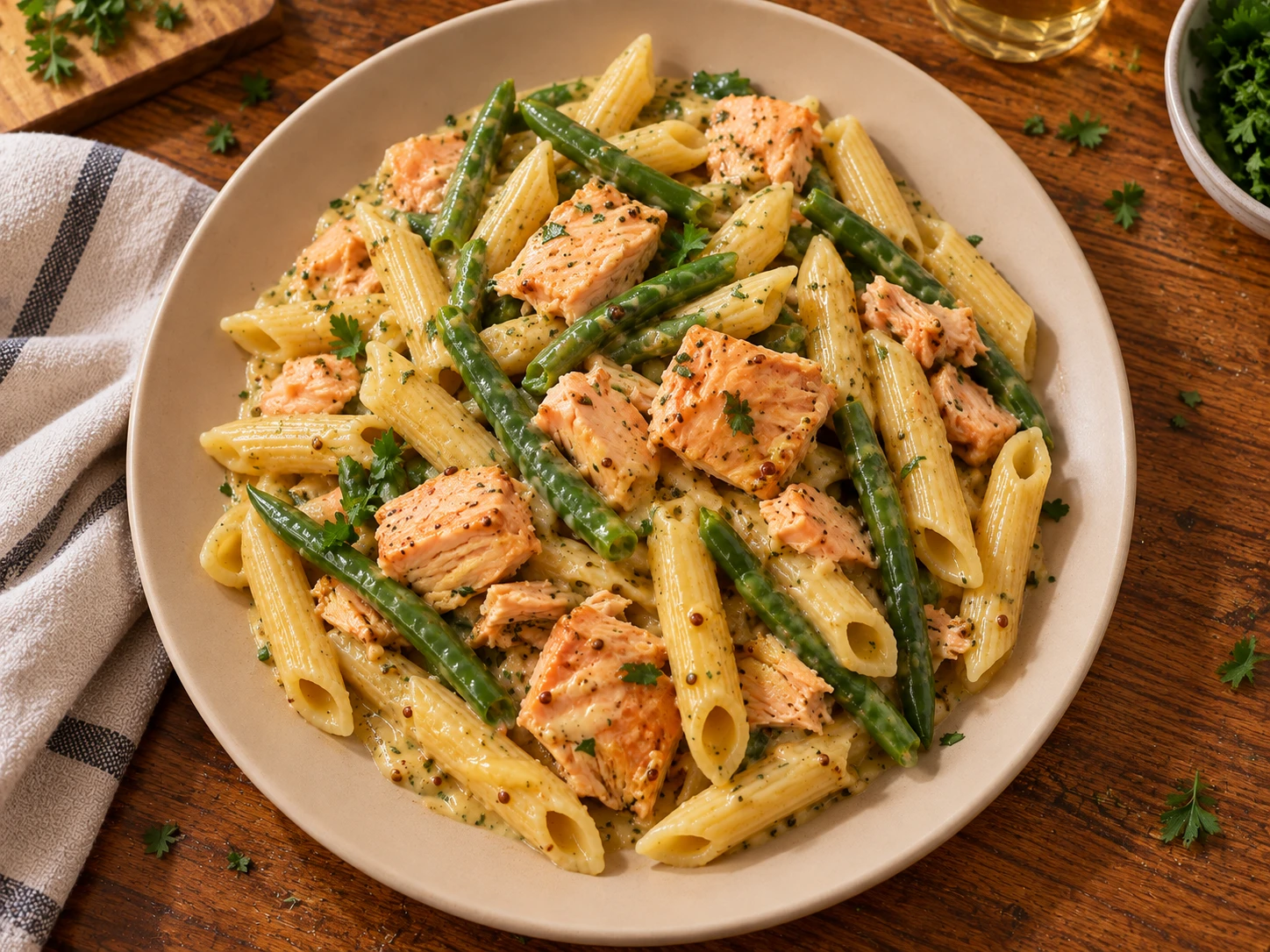 Honey Mustard Salmon Pasta aerial view