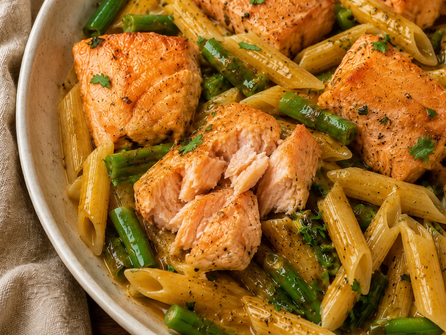Honey Mustard Salmon Pasta close up