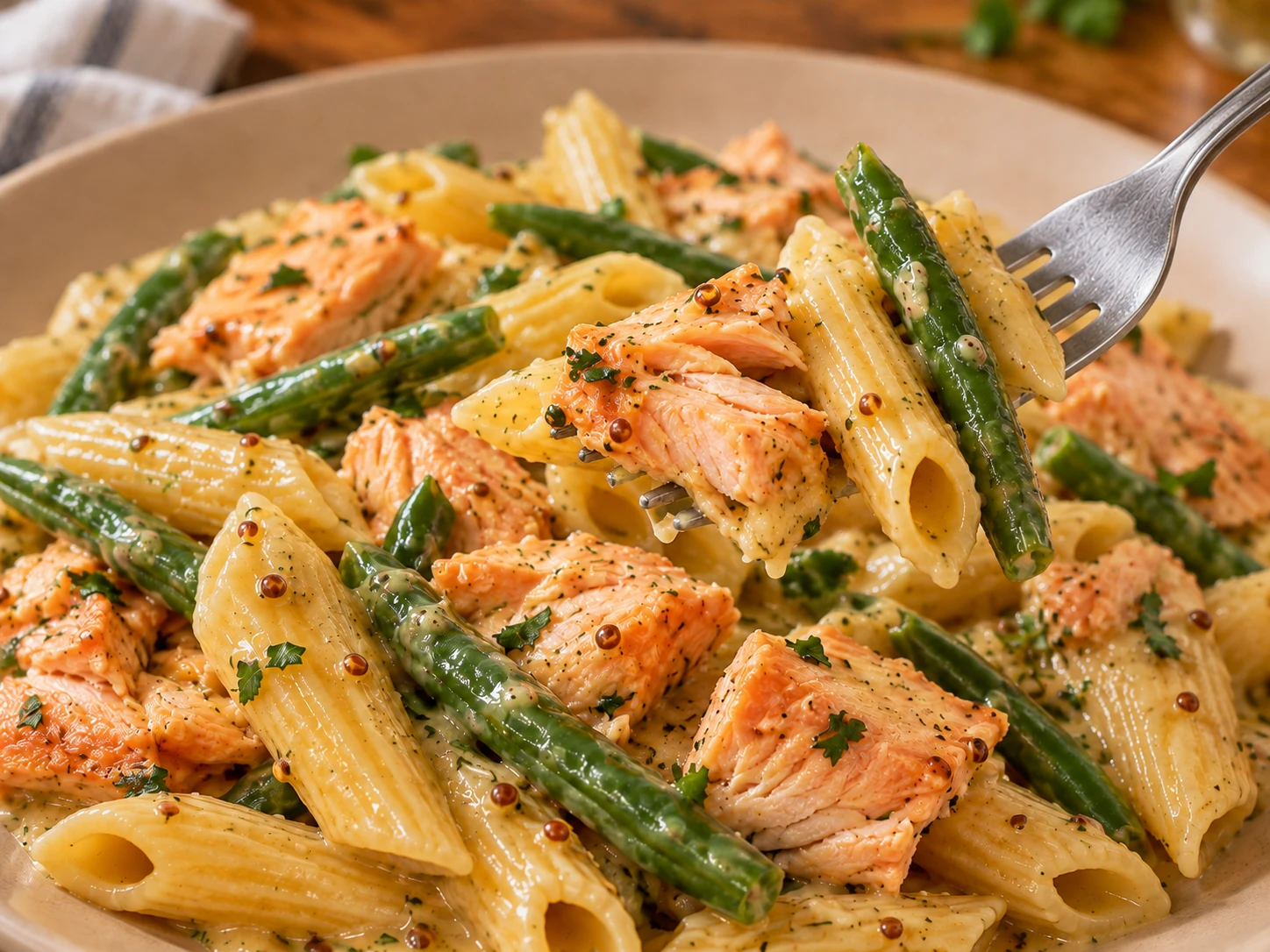 Honey Mustard Salmon Pasta close up