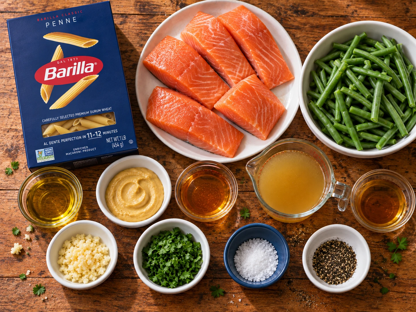 Honey Mustard Salmon Pasta preparation