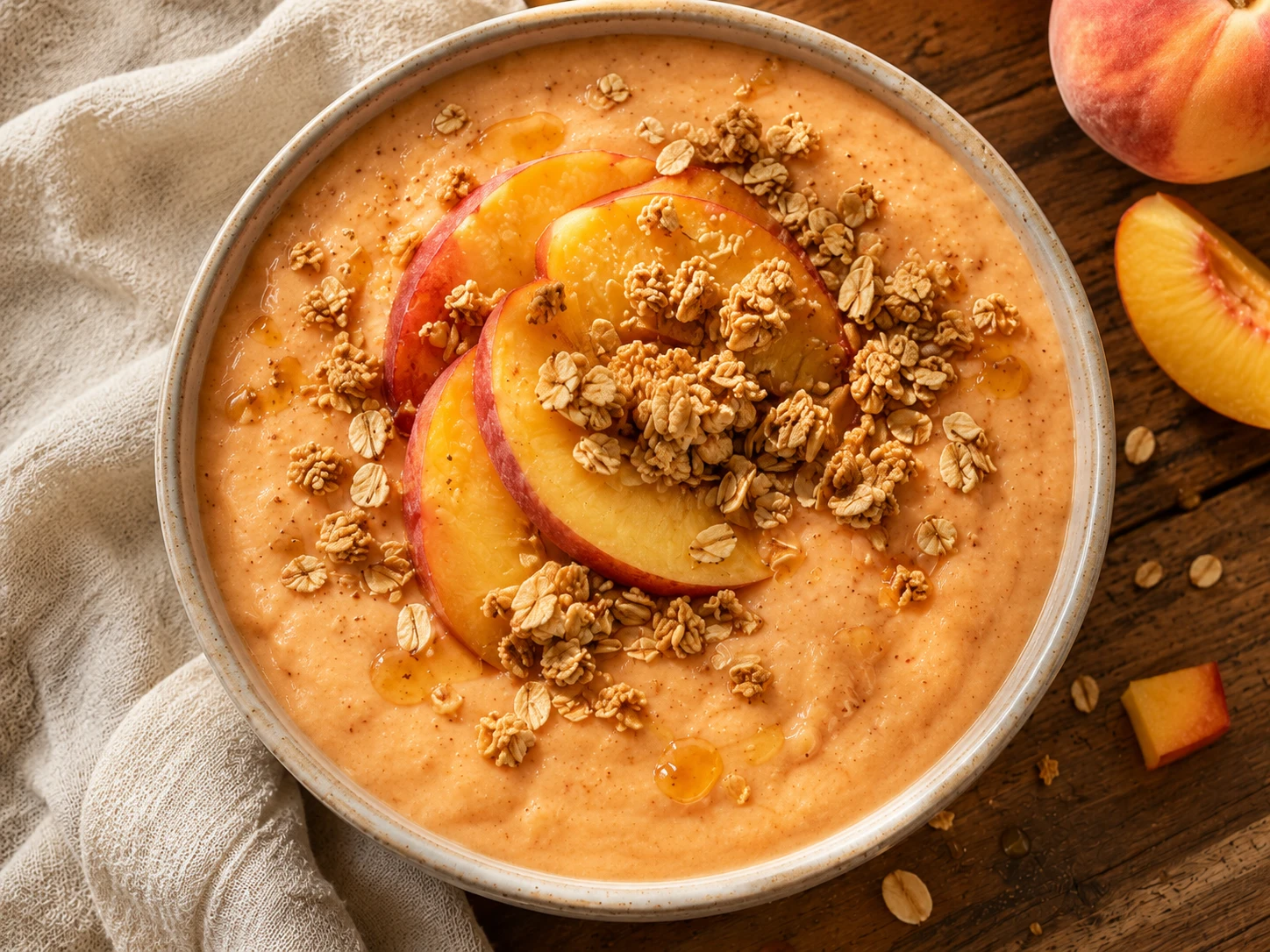 Honey Peach Oat Smoothie Bowl aerial view