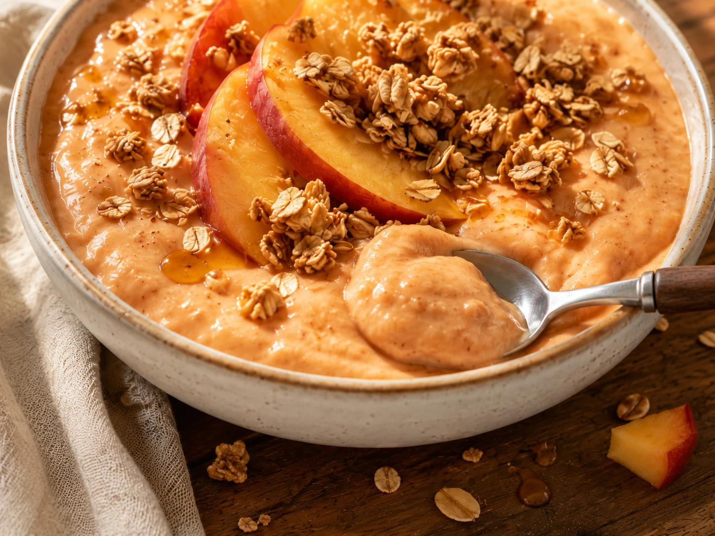 Honey Peach Oat Smoothie Bowl close up