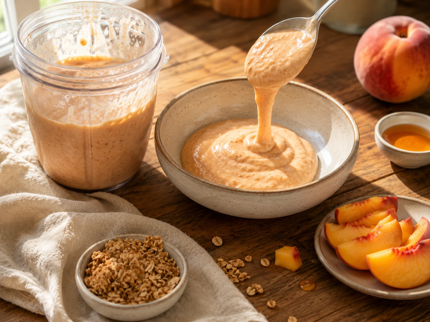 Honey Peach Oat Smoothie Bowl preparation