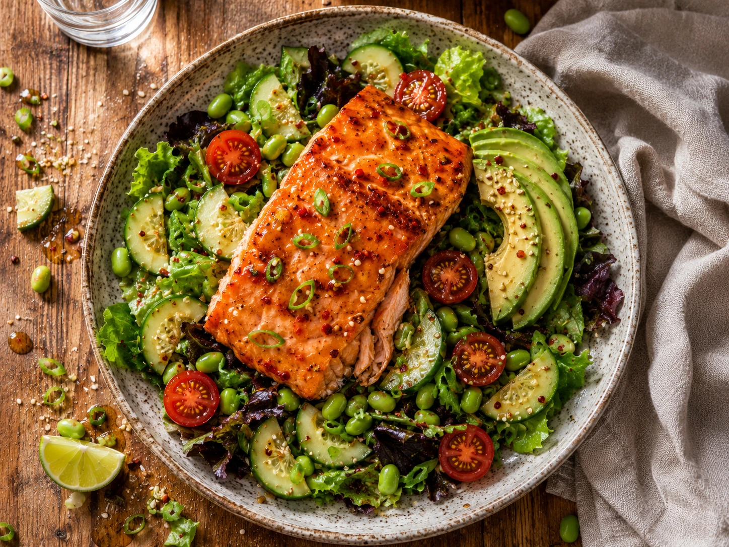 Hot Honey Salmon Salad aerial view