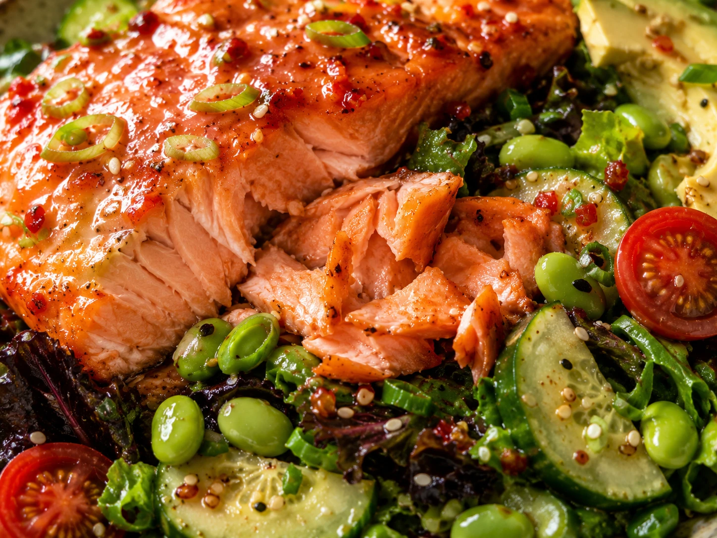 Hot Honey Salmon Salad close up