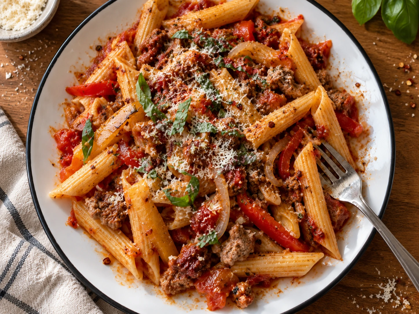 Italian Turkey Sausage Pasta aerial view