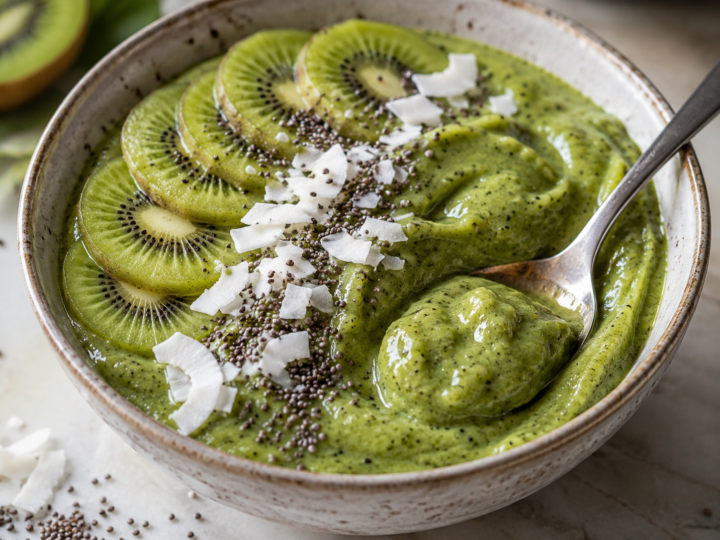 Kiwi Pineapple Green Smoothie Bowl close up