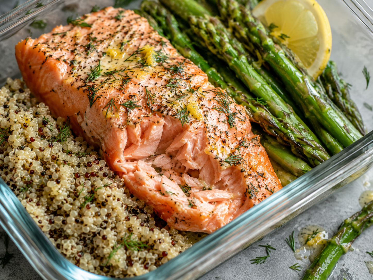 Lemon Dill Salmon Meal Prep Boxes close up