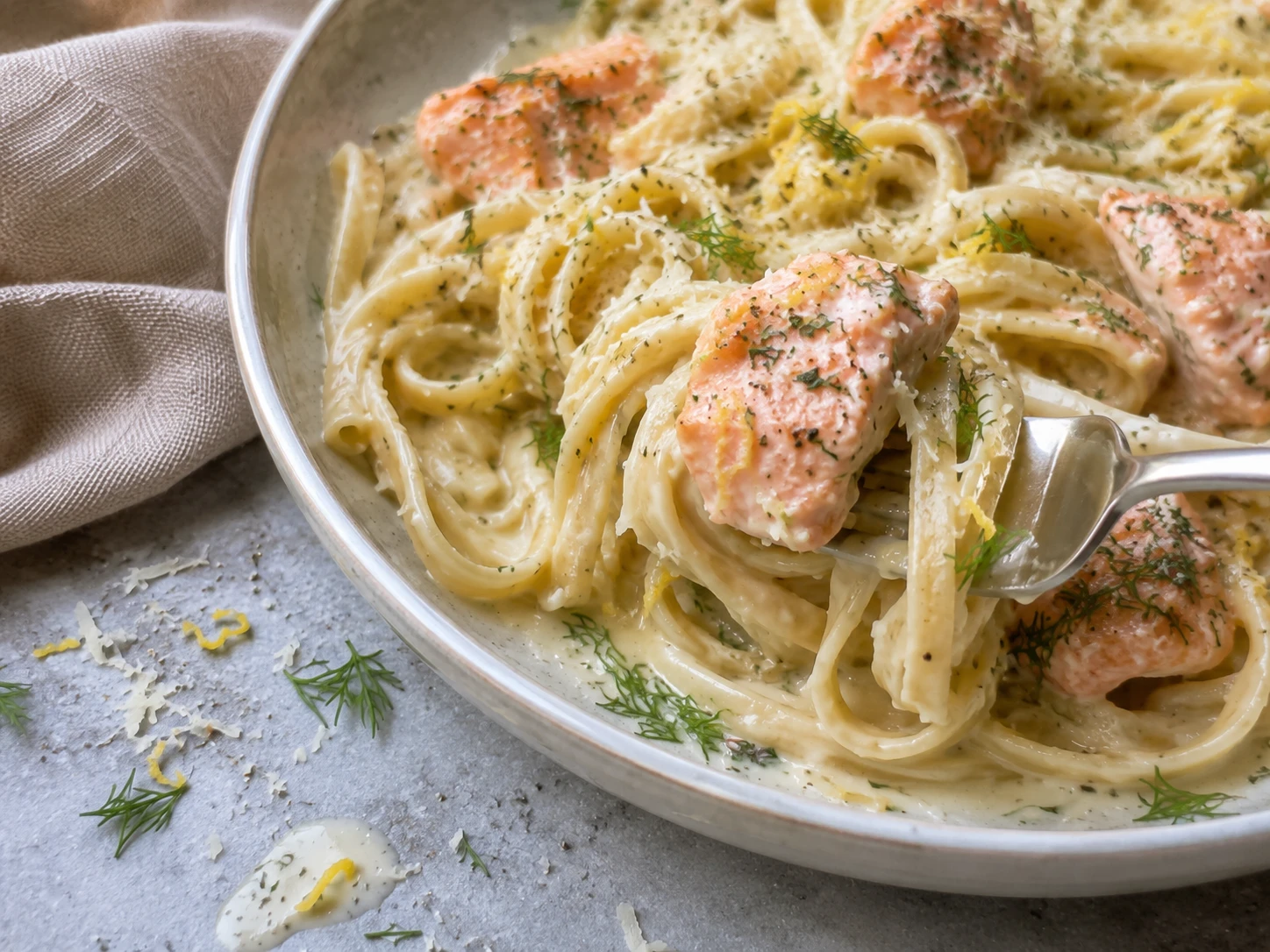 Lemon Dill Salmon Pasta close up