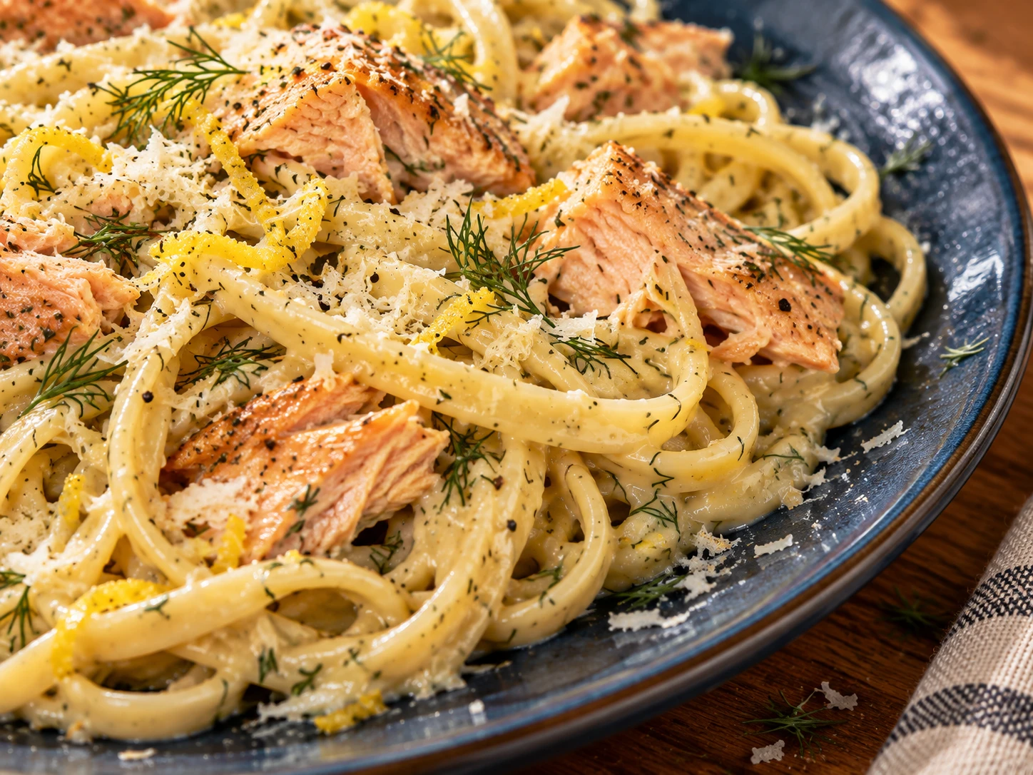 Lemon Dill Salmon Pasta close up