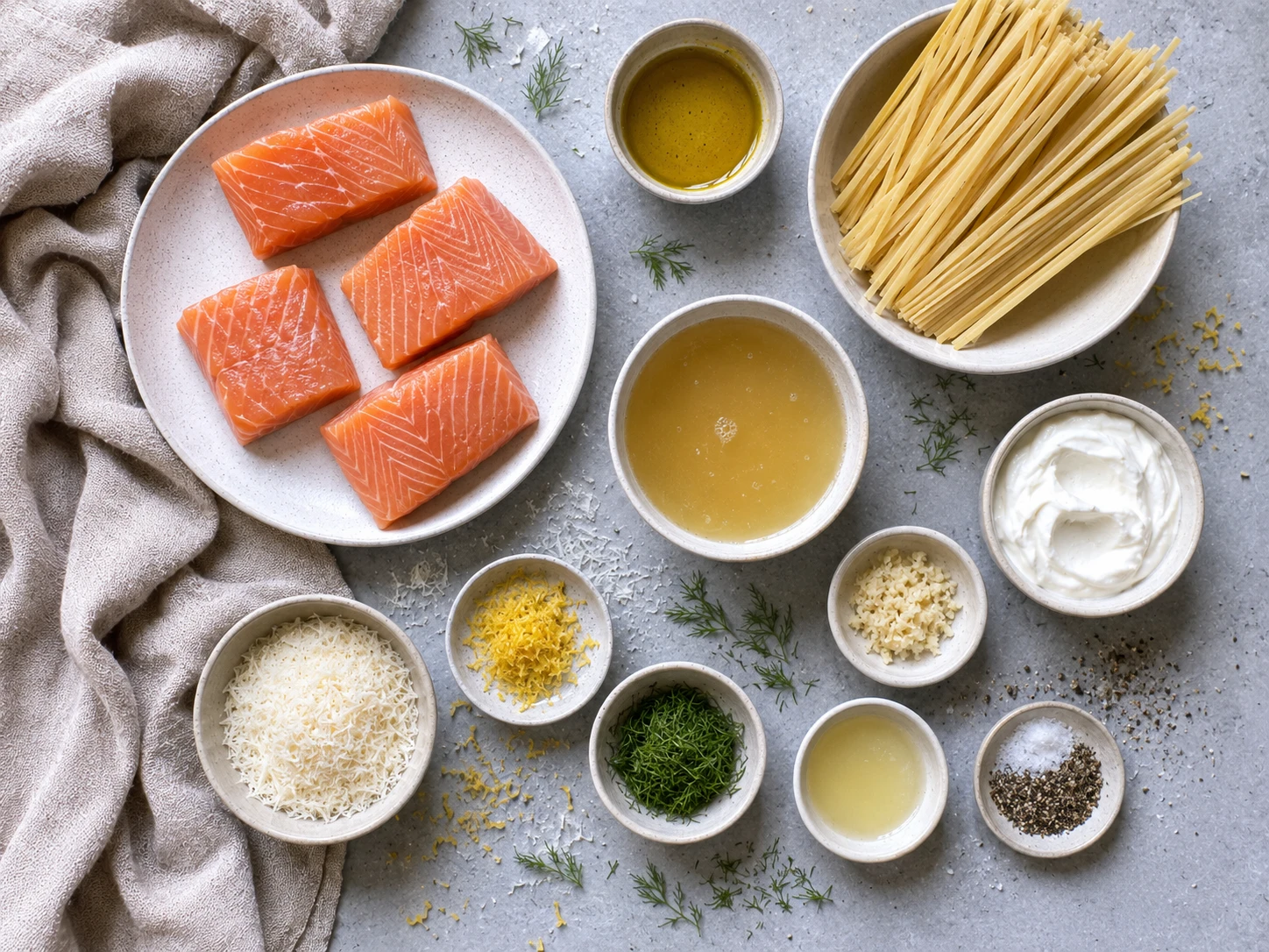 Lemon Dill Salmon Pasta preparation