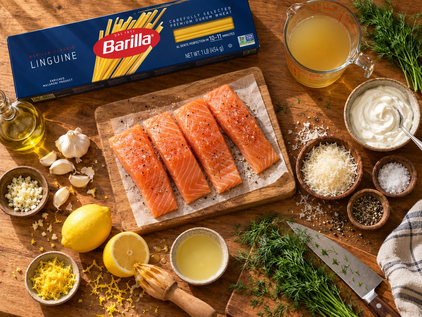 Lemon Dill Salmon Pasta preparation