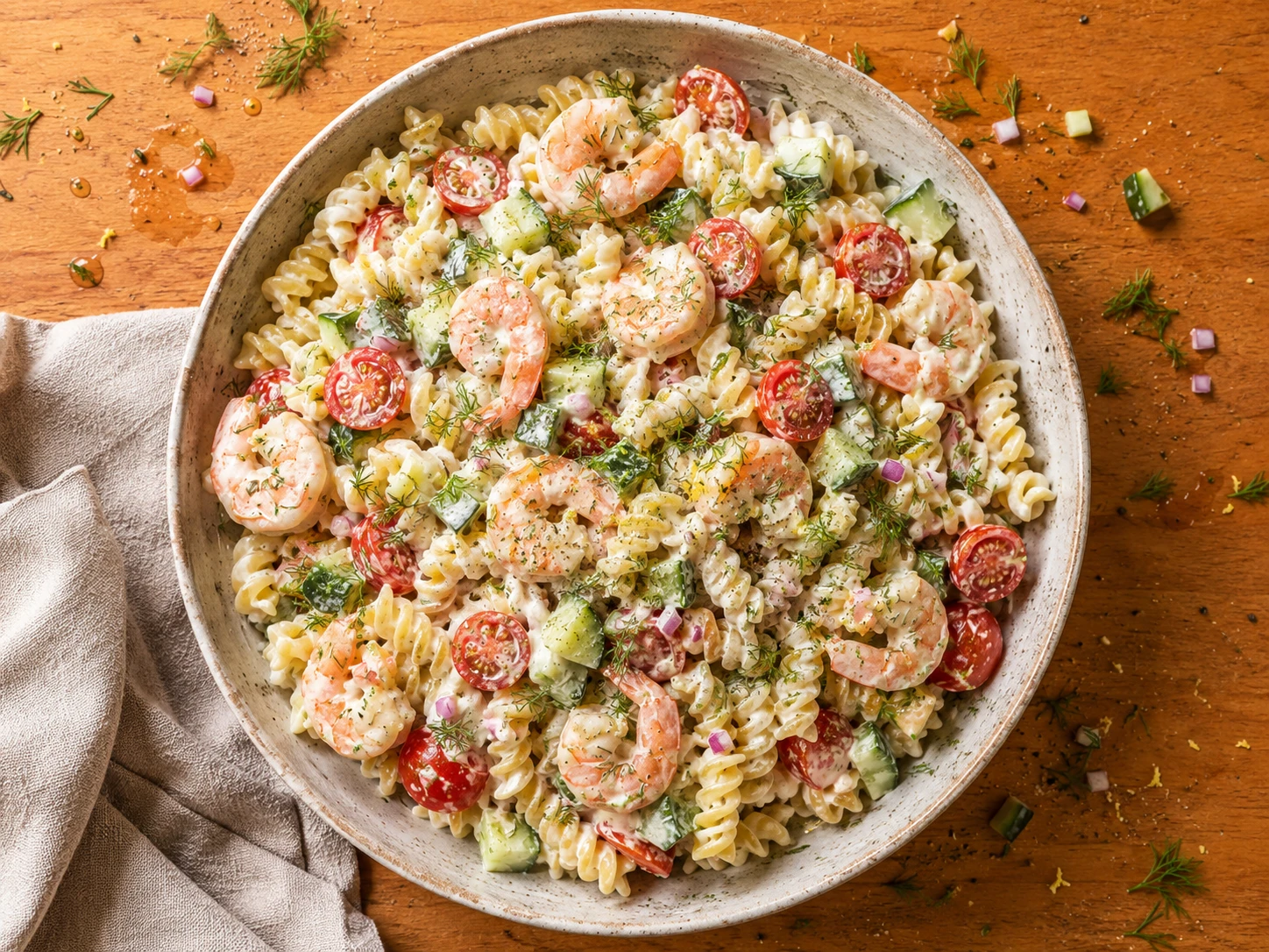 Lemon Dill Shrimp Pasta Salad aerial view