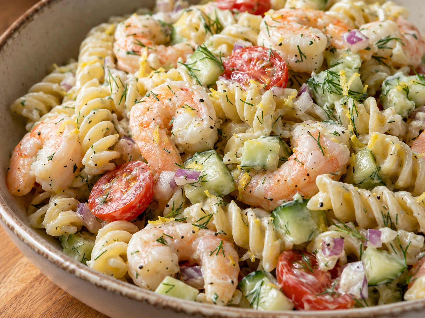 Lemon Dill Shrimp Pasta Salad close up