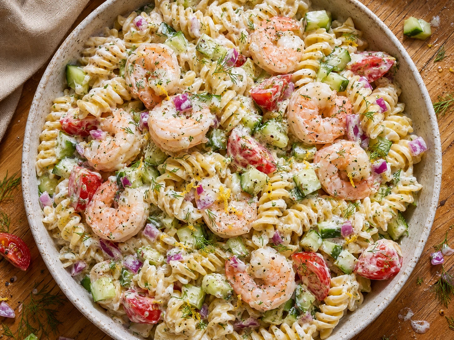 Lemon Dill Shrimp Pasta Salad preparation