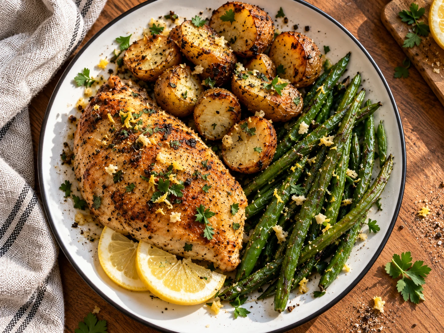 Lemon Garlic Herb Chicken with Roasted Potatoes & Green Beans aerial view