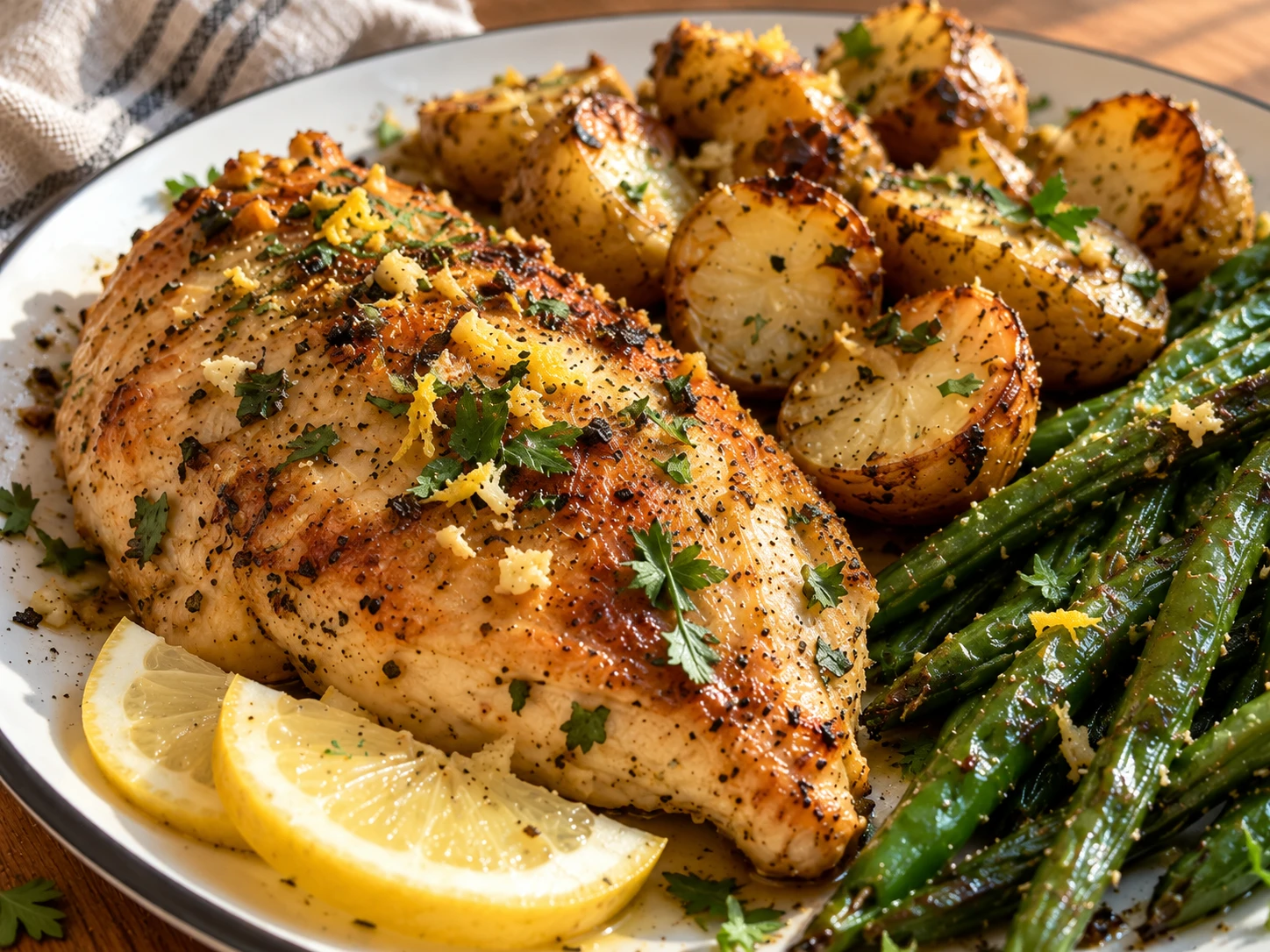 Lemon Garlic Herb Chicken with Roasted Potatoes & Green Beans close up
