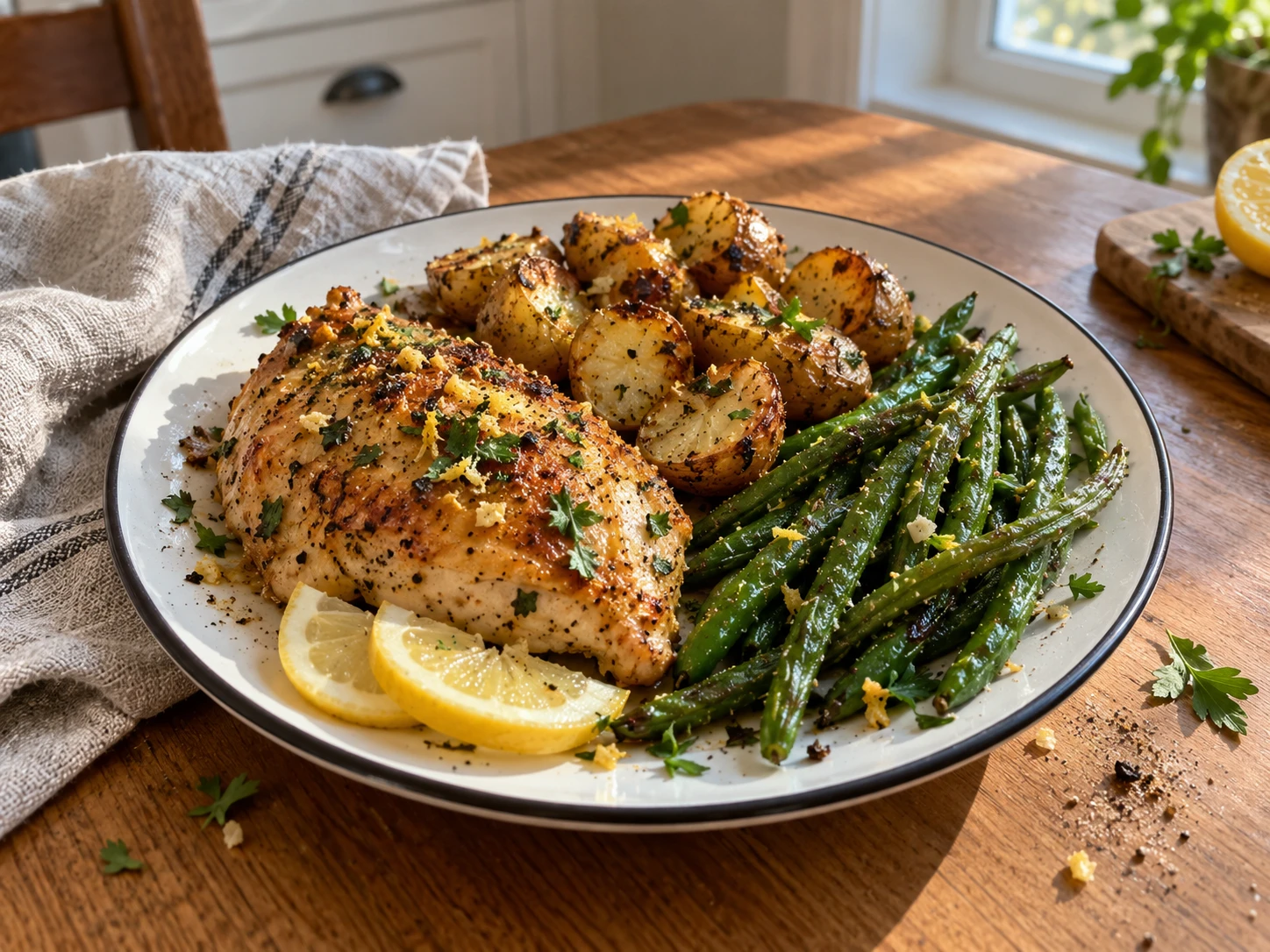 Lemon Garlic Herb Chicken with Roasted Potatoes & Green Beans