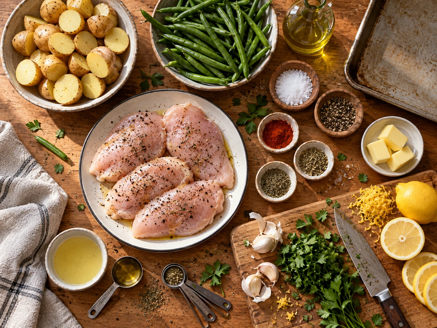 Lemon Garlic Herb Chicken with Roasted Potatoes & Green Beans preparation