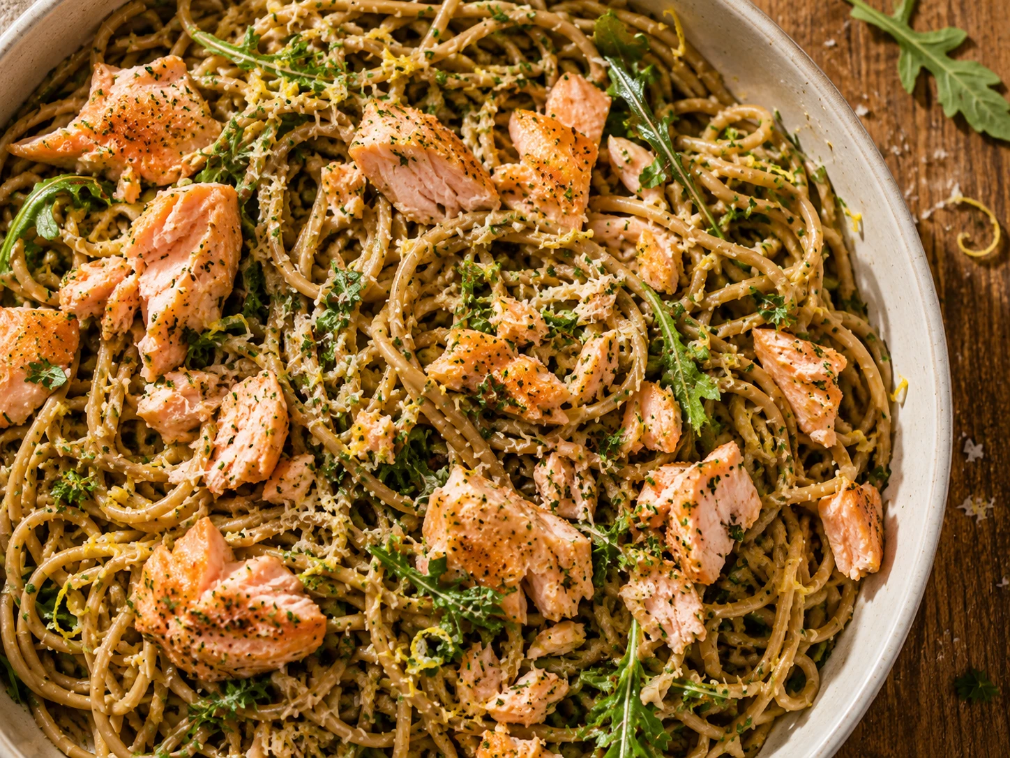 Lemon Garlic Salmon Pasta aerial view