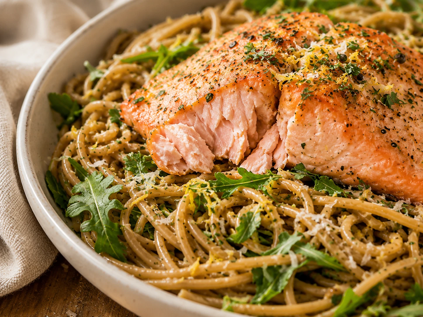 Lemon Garlic Salmon Pasta close up