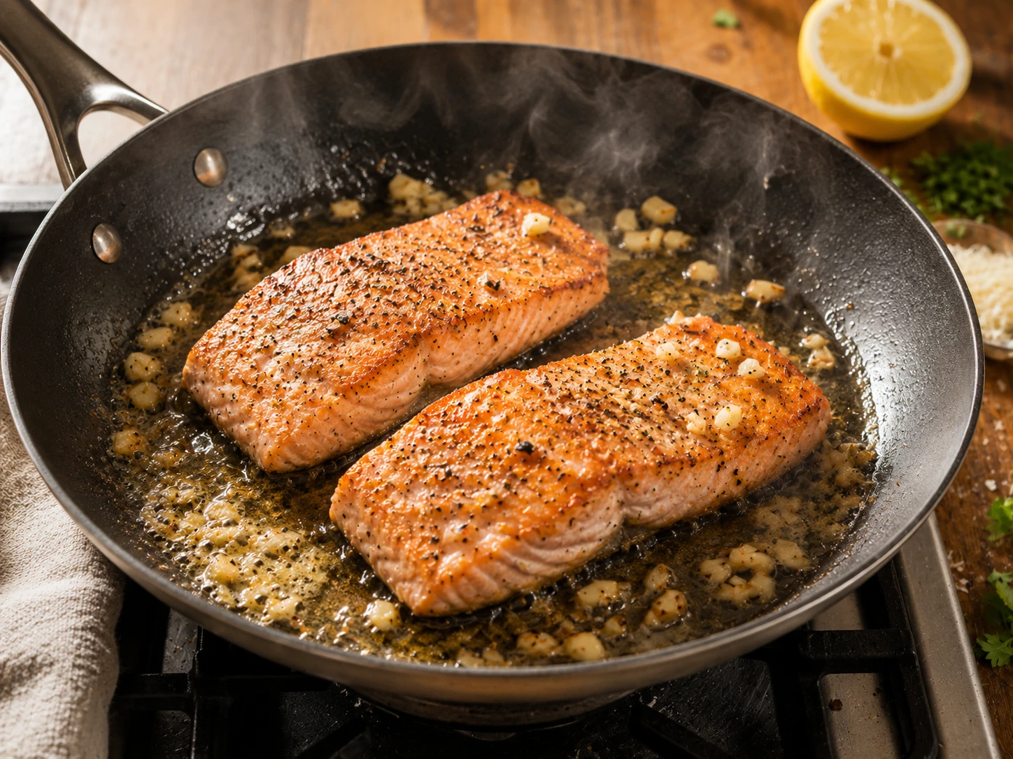 Lemon Garlic Salmon Pasta preparation