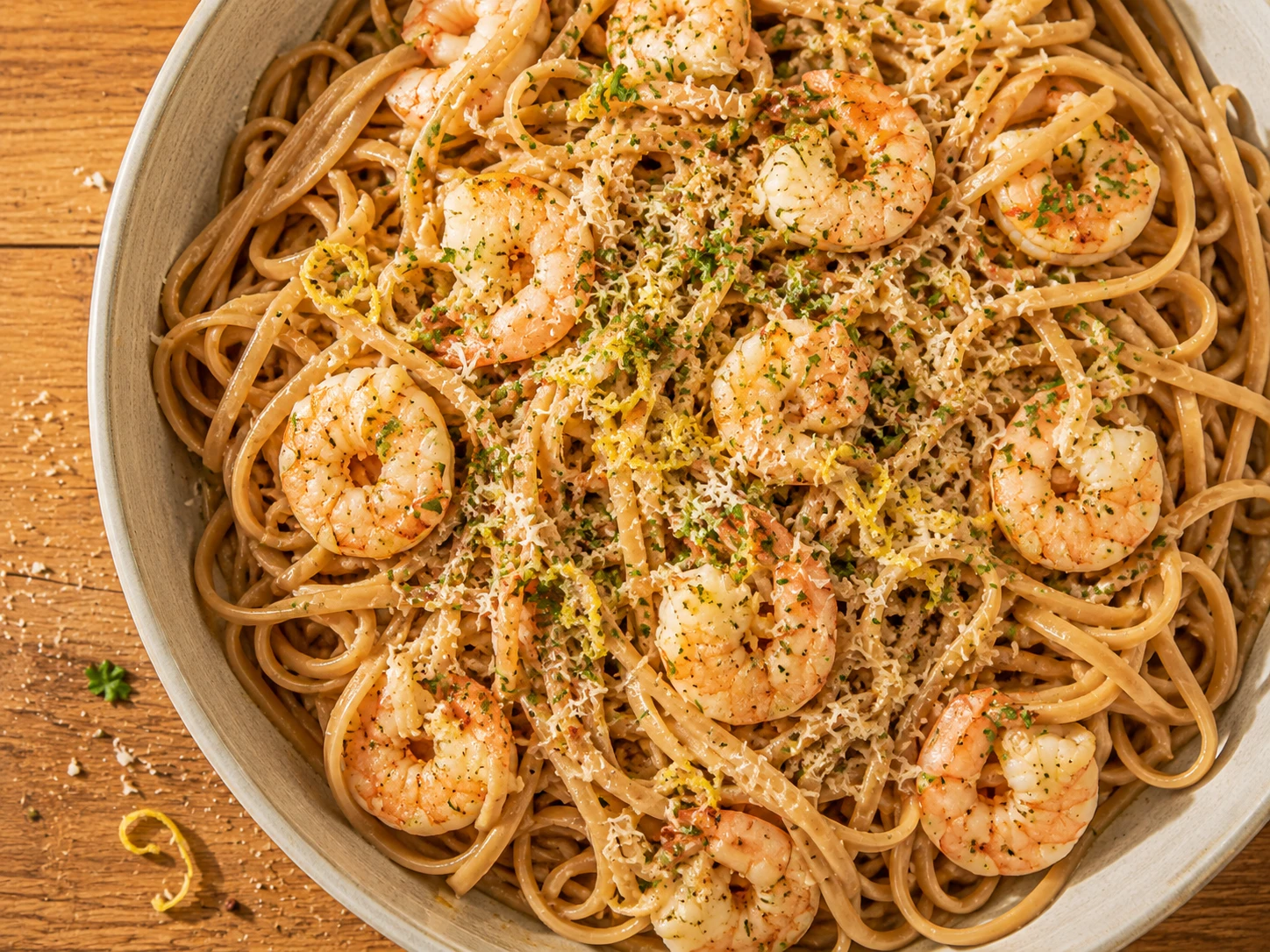 Lemon Garlic Shrimp Protein Pasta aerial view