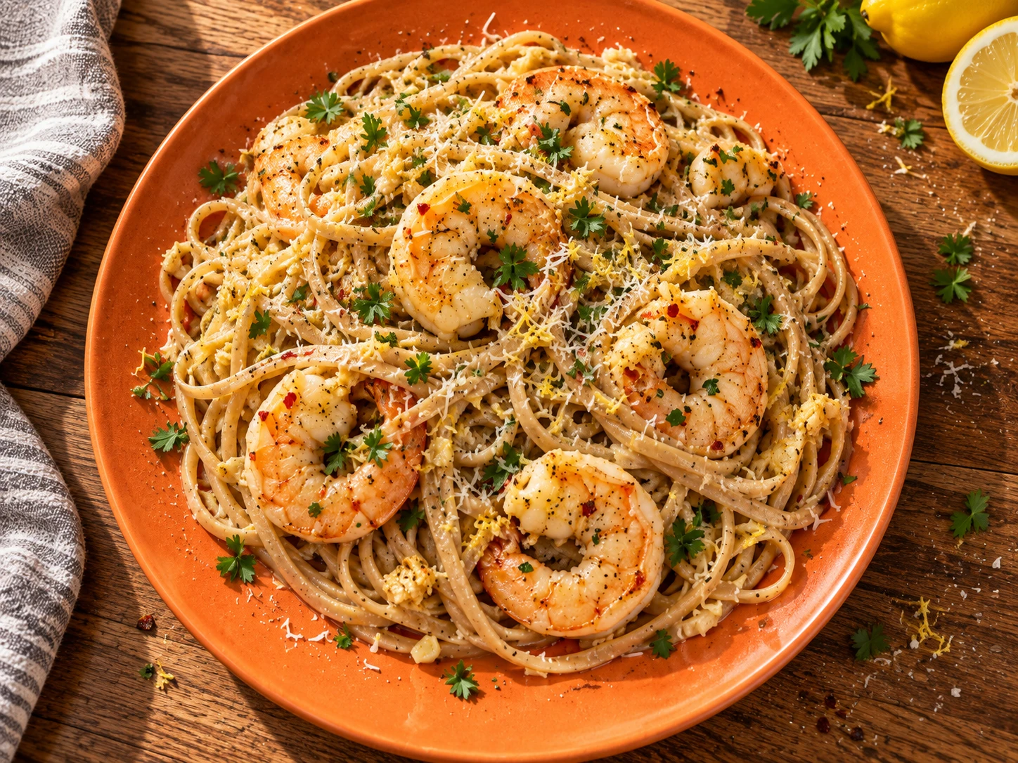 Lemon Garlic Shrimp Protein Pasta aerial view