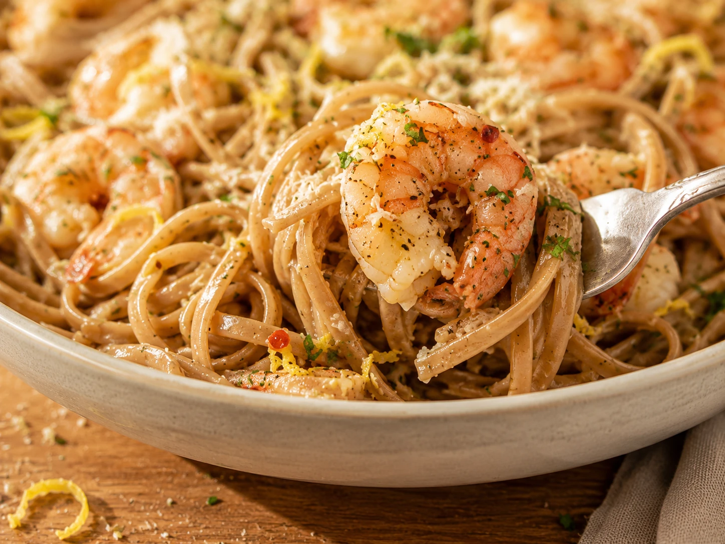 Lemon Garlic Shrimp Protein Pasta close up