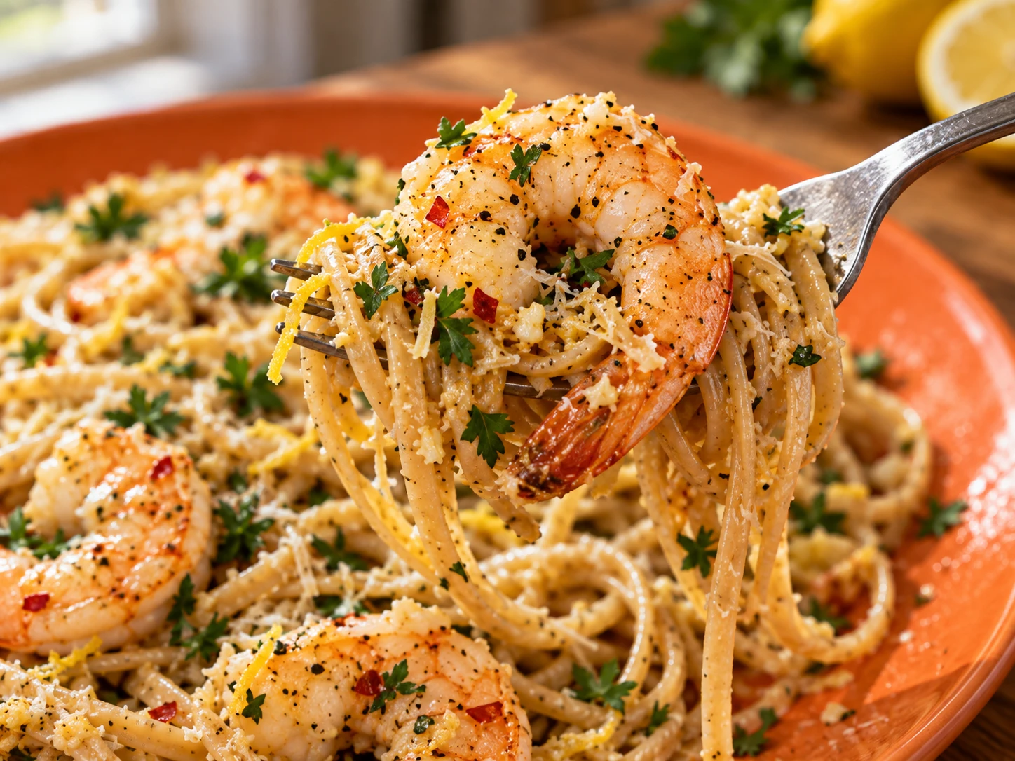 Lemon Garlic Shrimp Protein Pasta close up