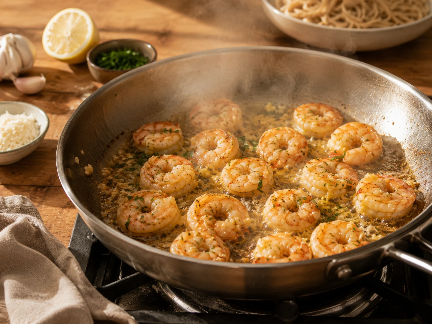 Lemon Garlic Shrimp Protein Pasta preparation