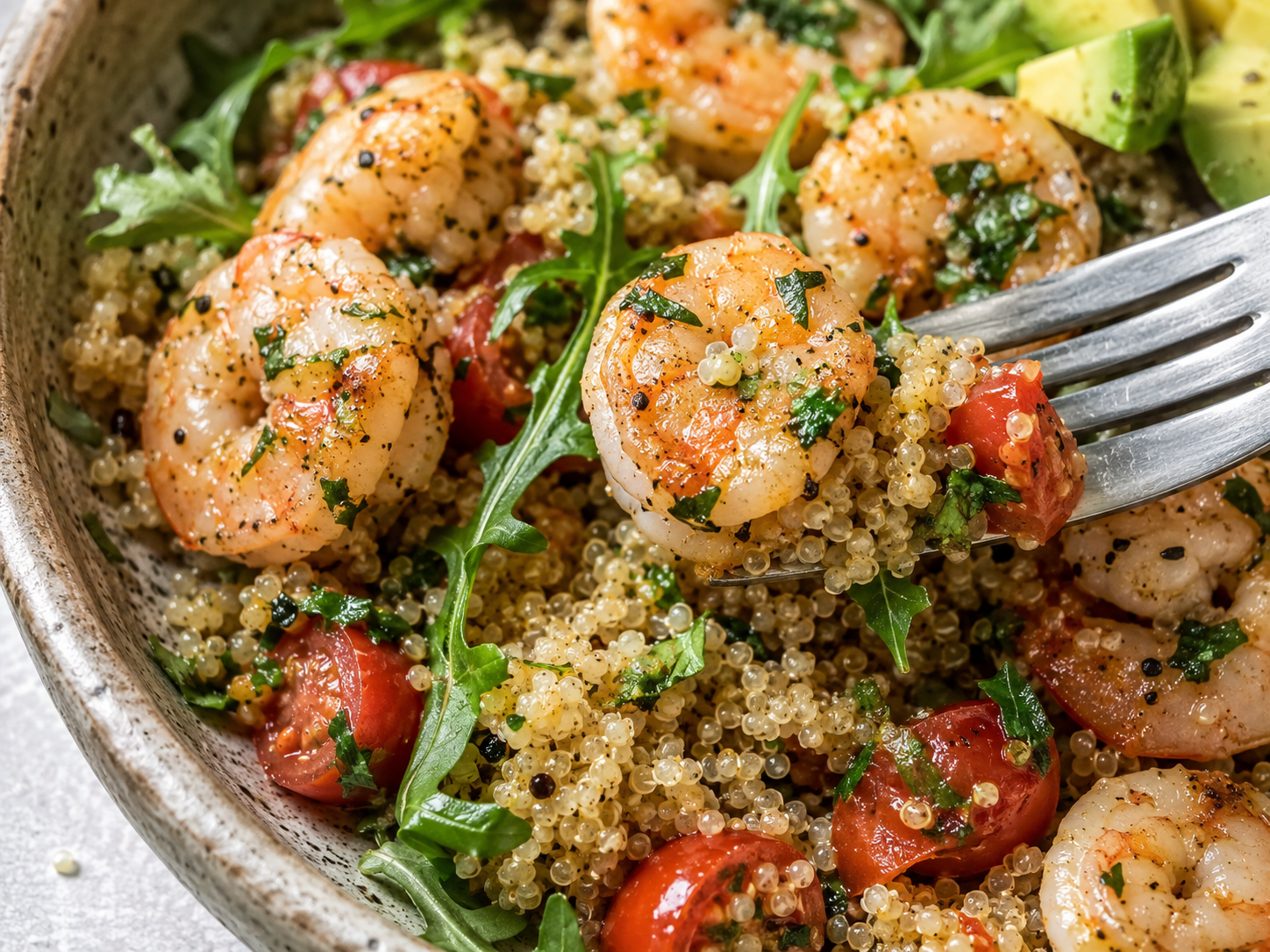 Lemon Garlic Shrimp Quinoa Bowls close up