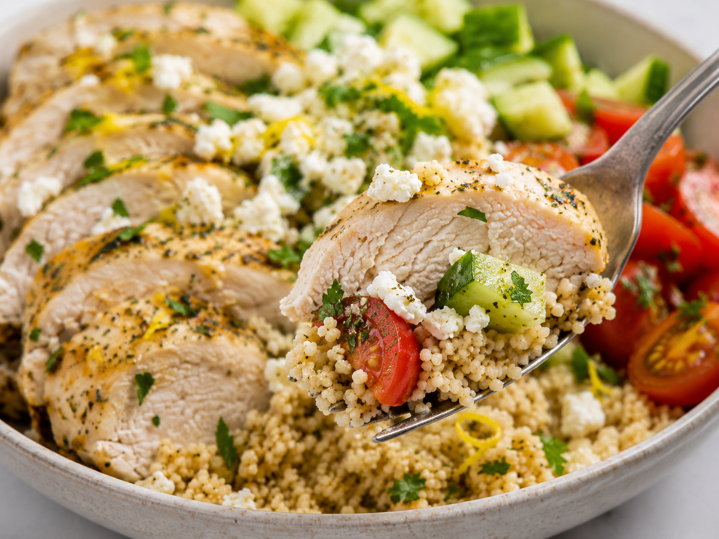 Lemon Herb Chicken Couscous Bowls close up