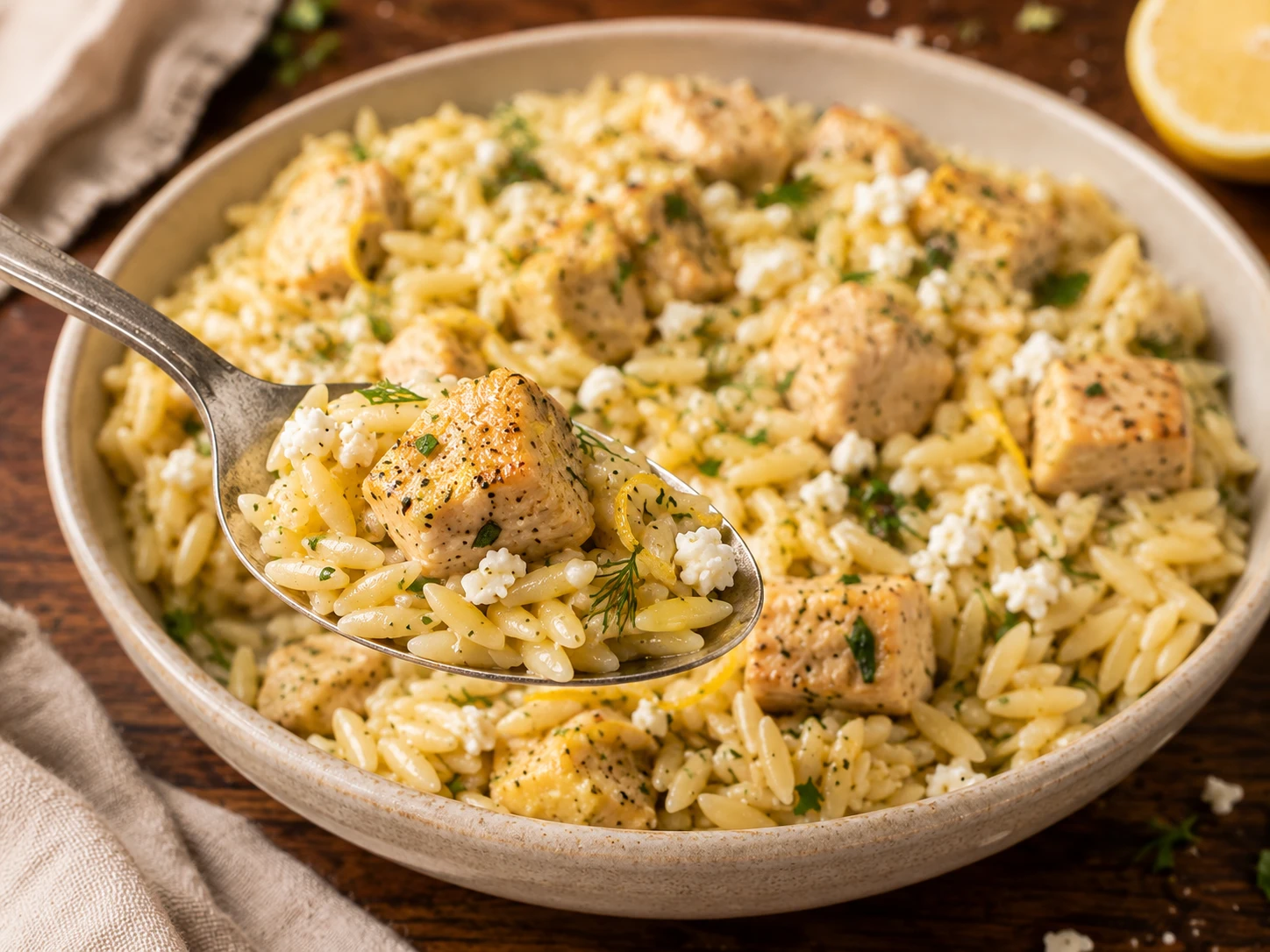 Lemon Herb Chicken Orzo close up