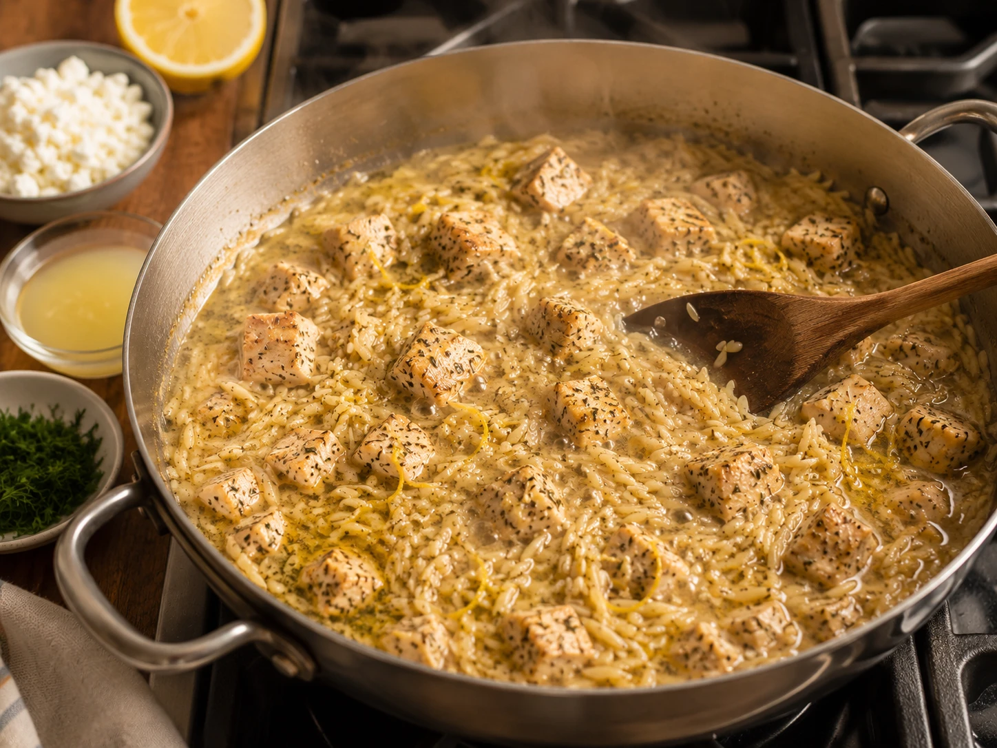 Lemon Herb Chicken Orzo preparation