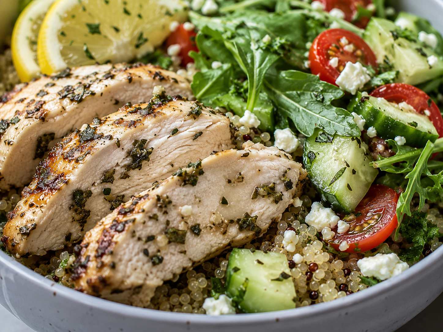 Lemon Herb Chicken Quinoa Bowl close up