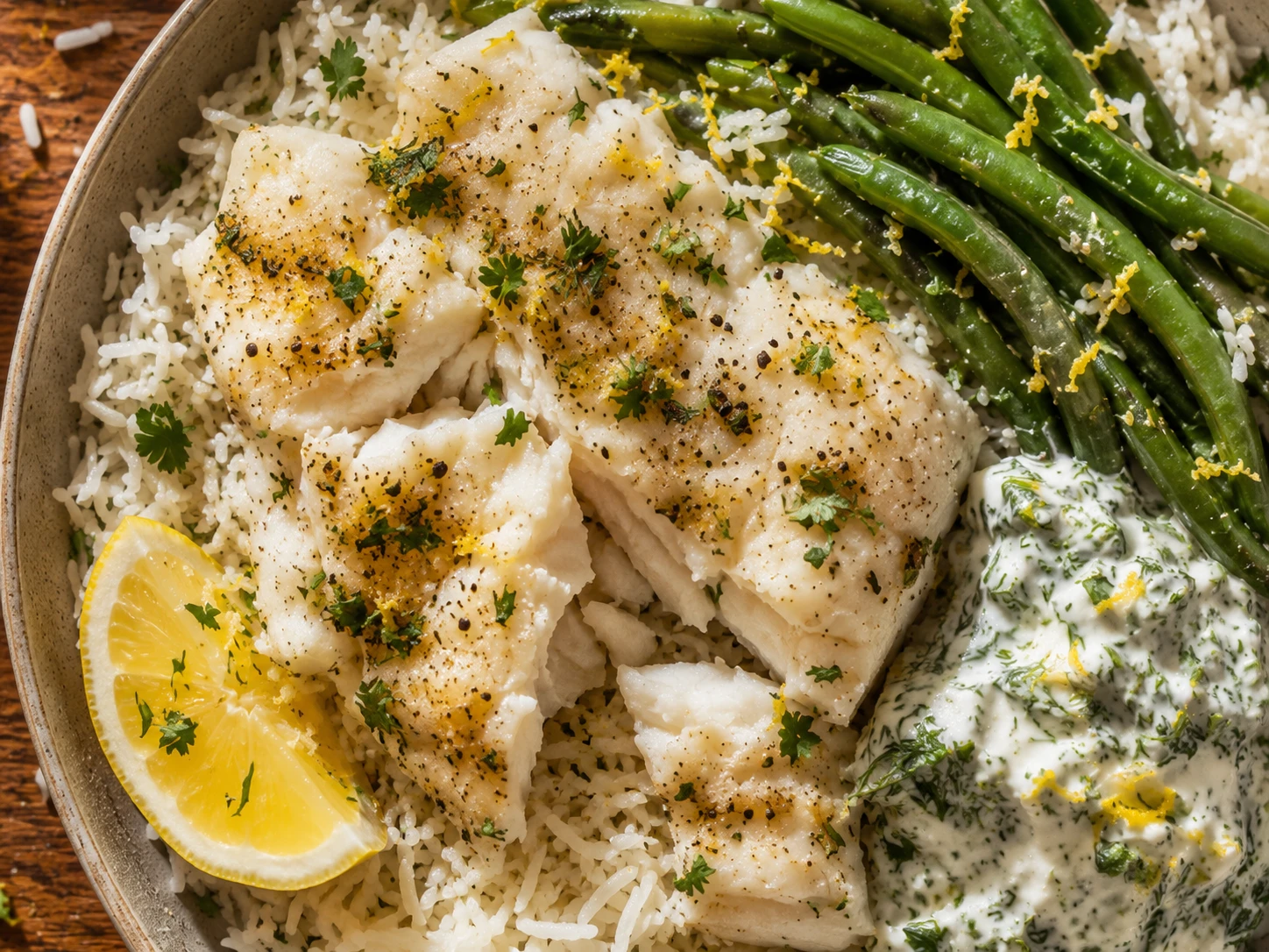 Lemon Herb Cod Rice Bowls aerial view