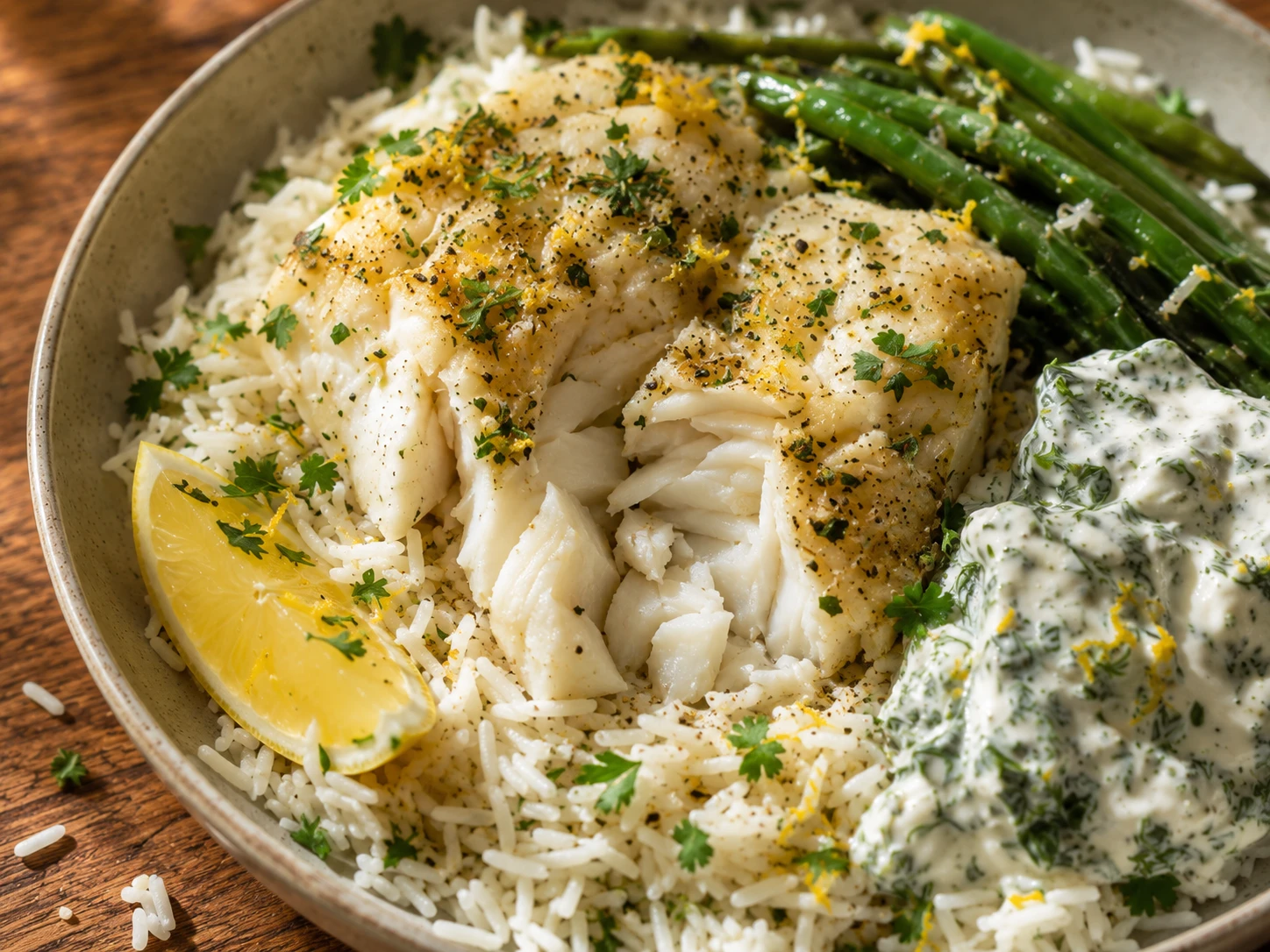 Lemon Herb Cod Rice Bowls close up