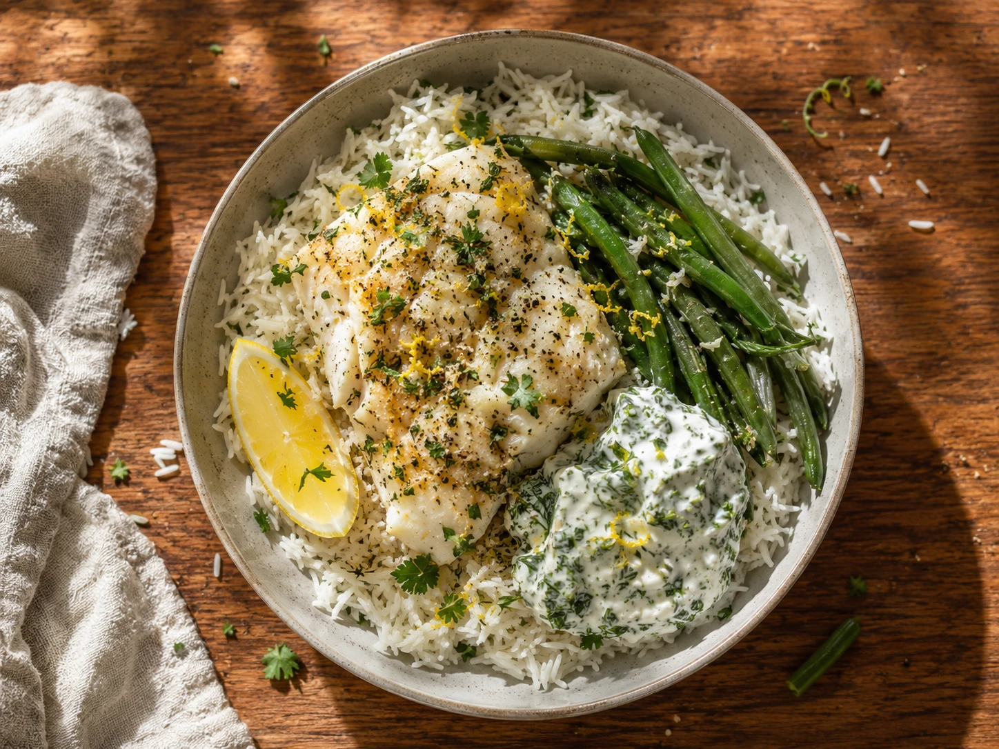 Lemon Herb Cod Rice Bowls