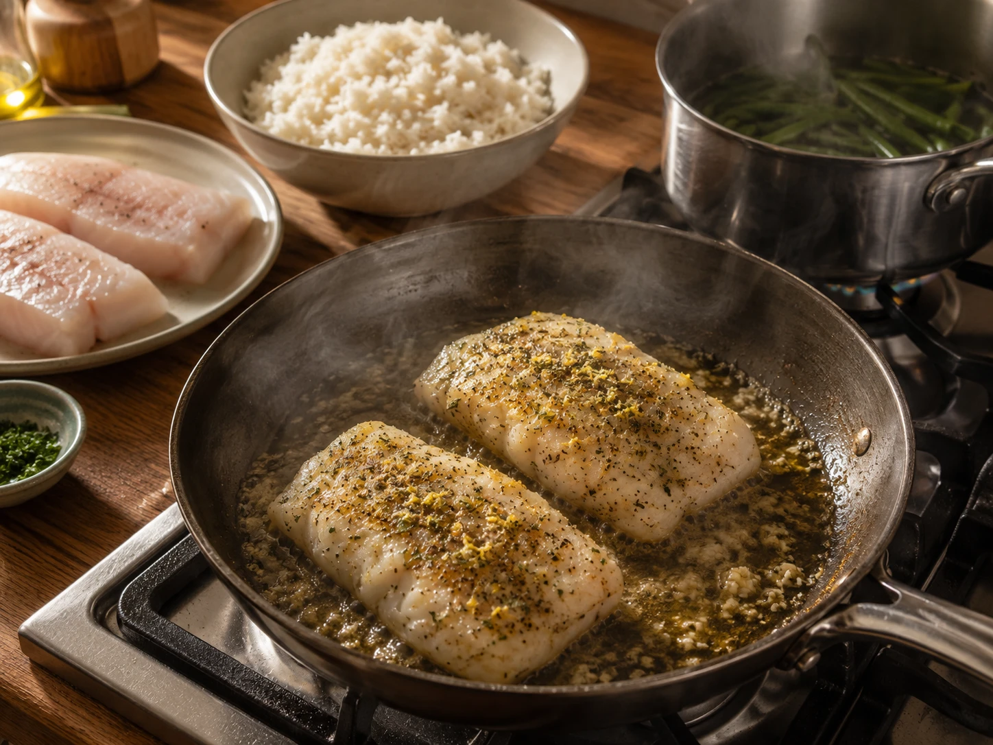 Lemon Herb Cod Rice Bowls preparation