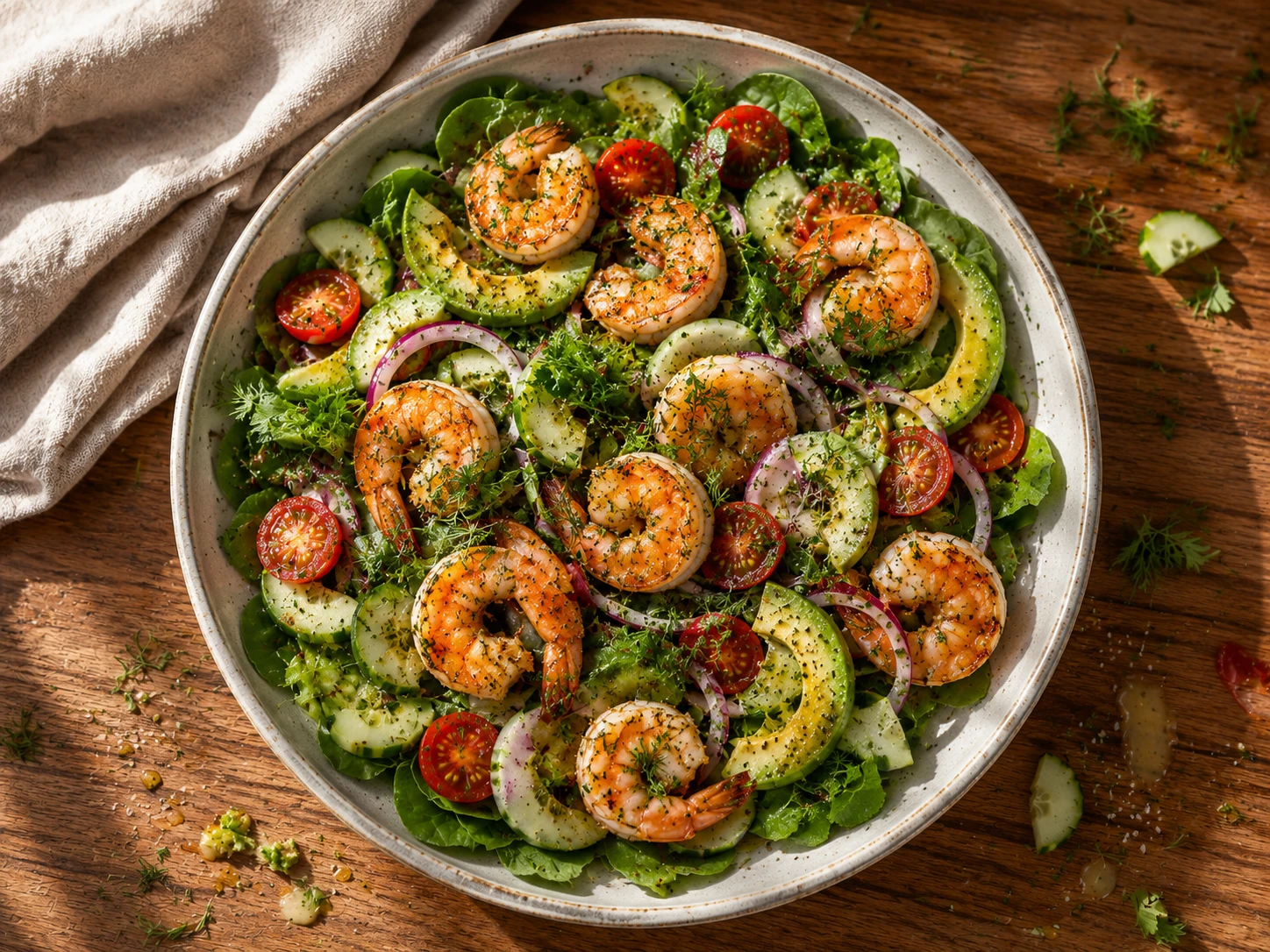Lemon Herb Shrimp Avocado Salad aerial view